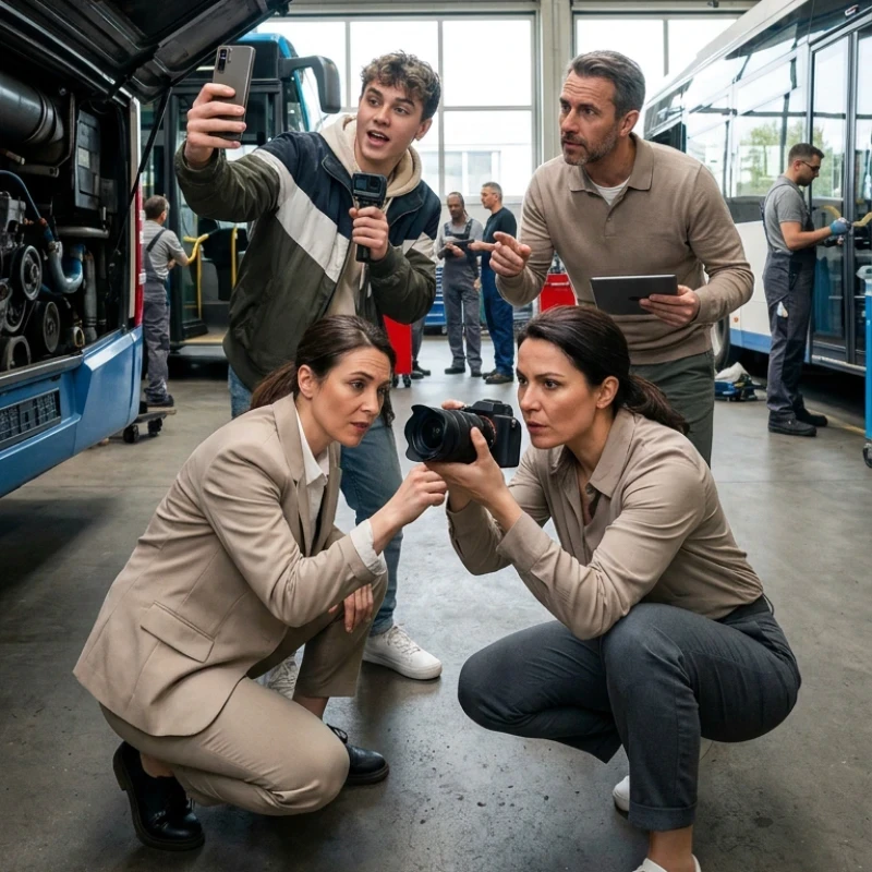 Équipe de professionnels en immersion au sein d'un centre technique de maintenance, capturant une séquence dynamique avec un boîtier hybride et un smartphone, illustrant notre expertise en Stratégie d’influence pour constituer un levier durable et renforcer l’attractivité des métiers.