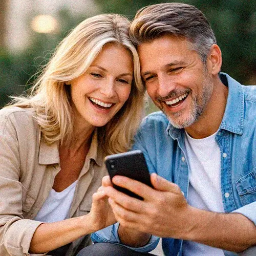 Pareja de mediana edad mirando el móvil