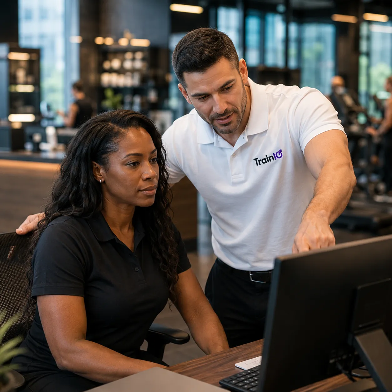 Spécialiste Train IQ en train de faire de la formation à la propriétaire du gym. Il sont devant un écran d'ordinateur.
