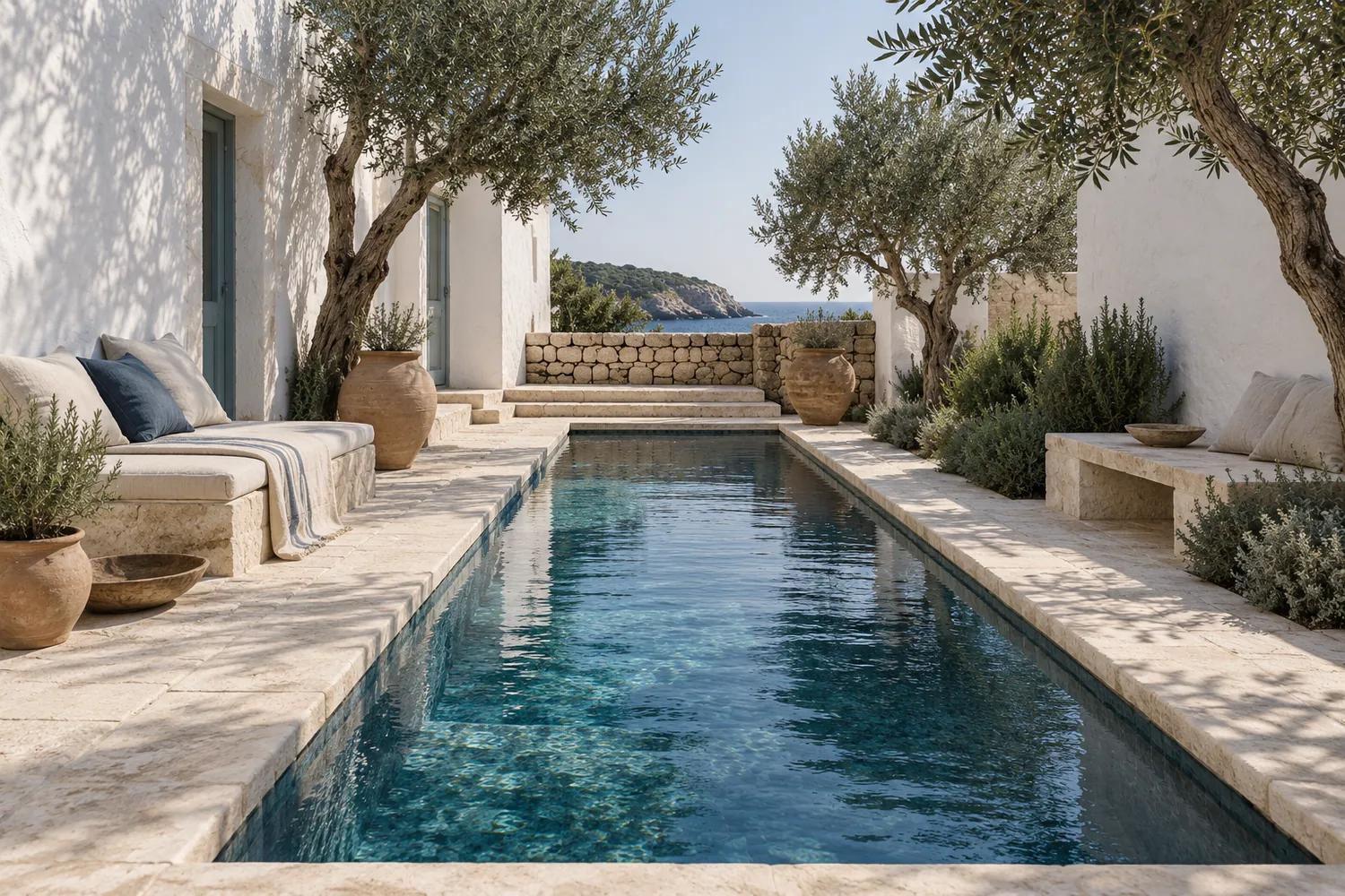 A long stone plunge pool between whitewashed walls