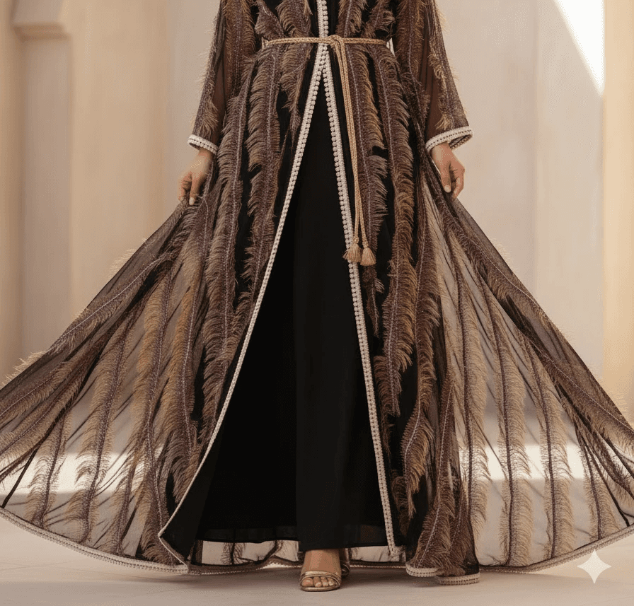 Deep burgundy Moroccan caftan with feather texture and embroidery, luxury handmade caftan Bahrain