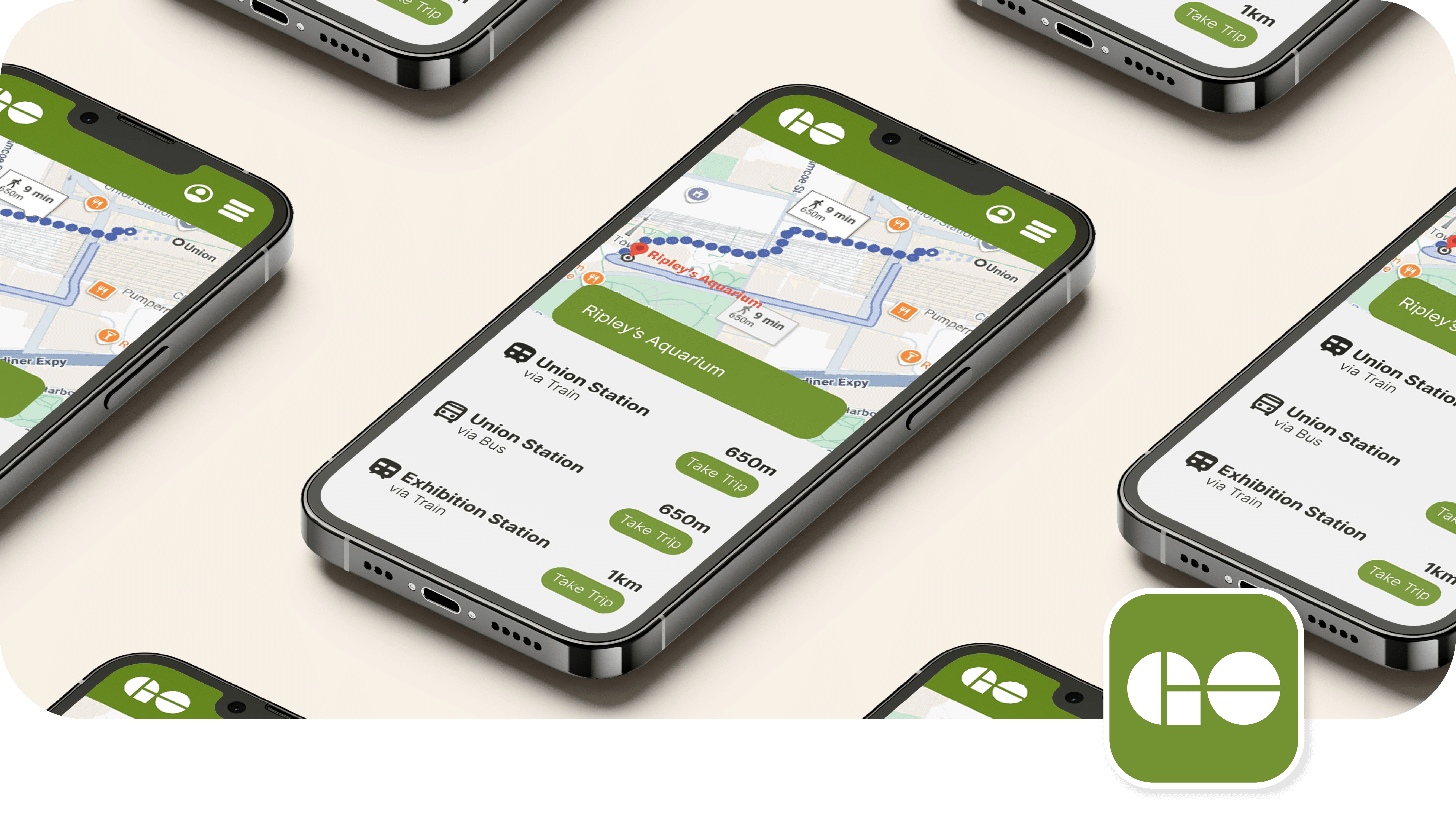 Multiple smartphone screens displaying a transit navigation app with walking directions and nearby station options.