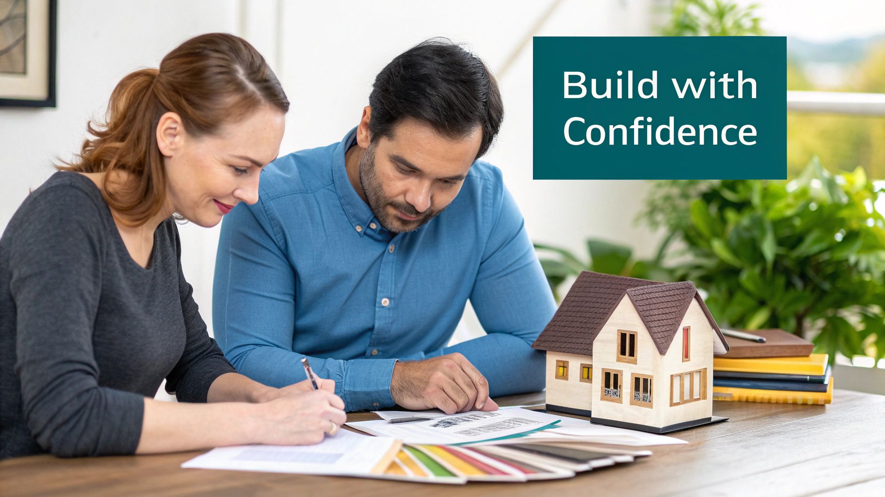 A couple planning their new home, reviewing documents, design samples, and a model house.