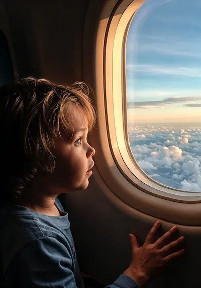 Criança olhando pela janela de avião durante viagem internacional