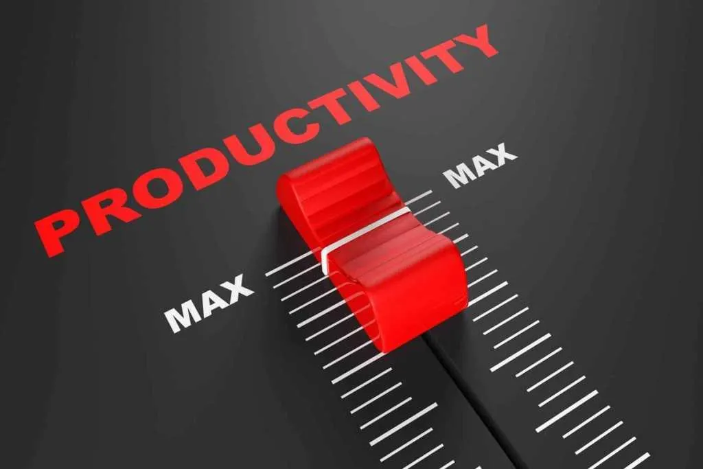 A red slider on a dark grey background is pushed to the "MAX" position, with the word "PRODUCTIVITY" written in red above it. This visual represents maximizing productivity or performance.