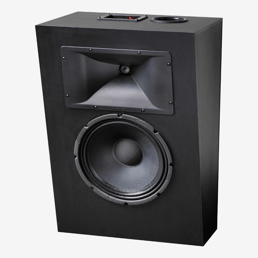 Black speaker with horn tweeter and woofer