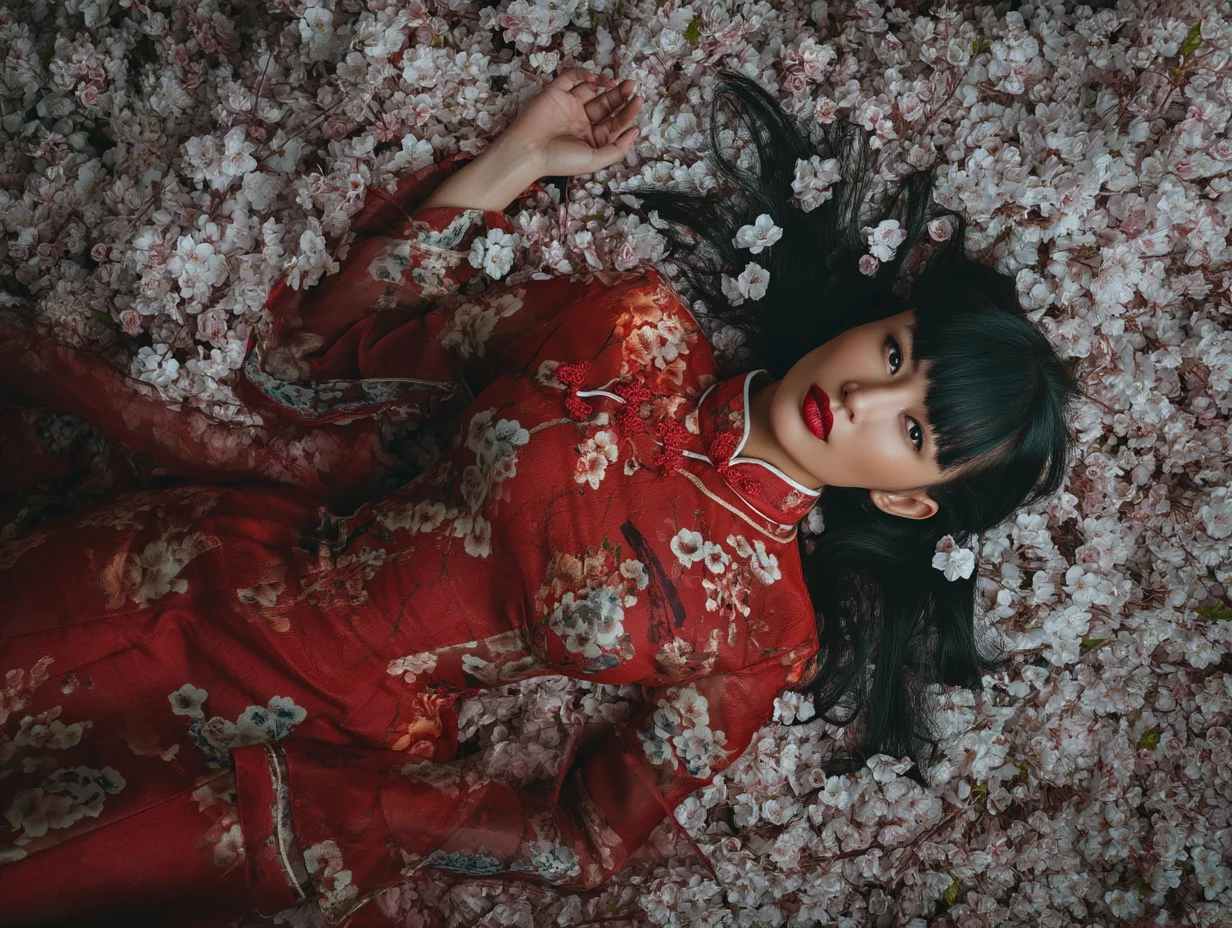 Woman in a red floral dress lying among cherry blossoms.