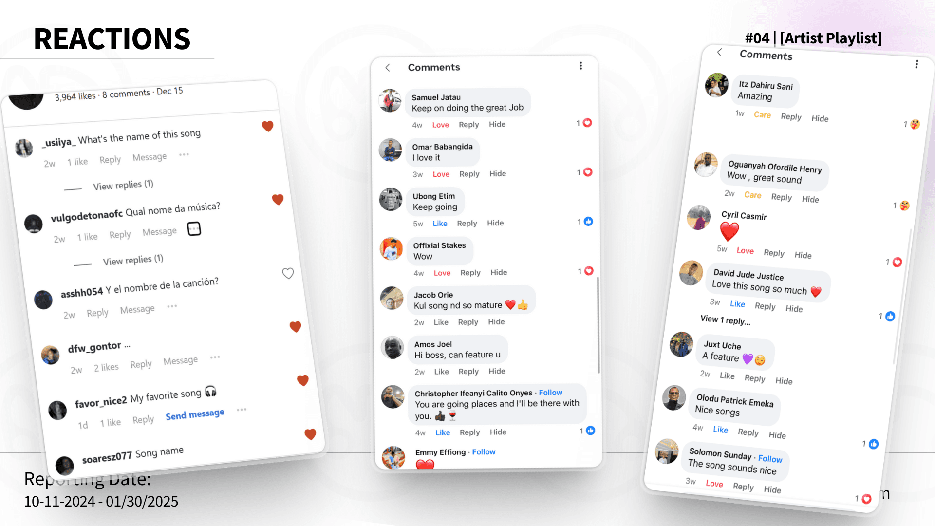 Case Study #4, Page 7 - Social Media Reactions: Screenshots of positive user comments and engagement on Instagram posts related to the Artist Playlist music marketing campaign.