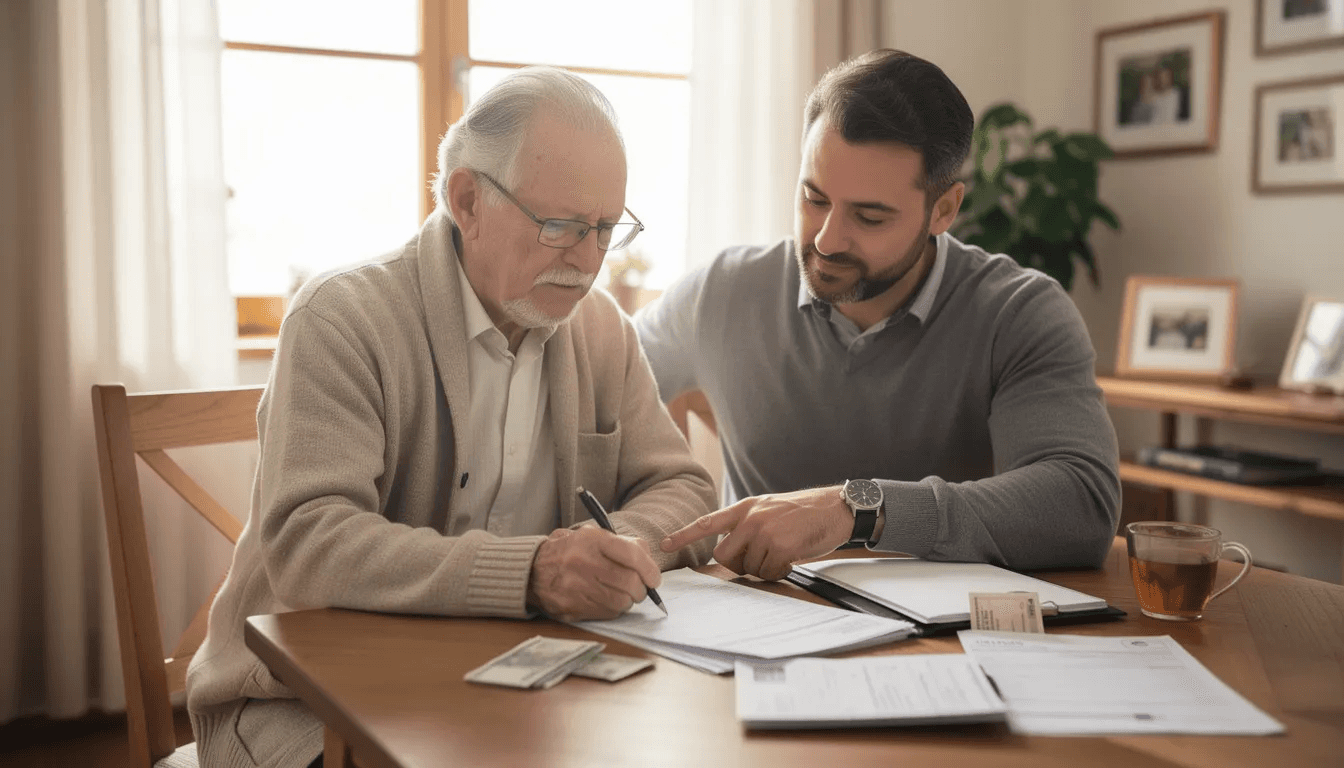 An adult son is assisting his elderly father with estate planning paperwork at home, highlighting the importance of managing financial assets and understanding the key differences between a living trust and a will. This scene emphasizes the significance of preparing legal documents to avoid probate and ensure a comprehensive estate plan for the future.