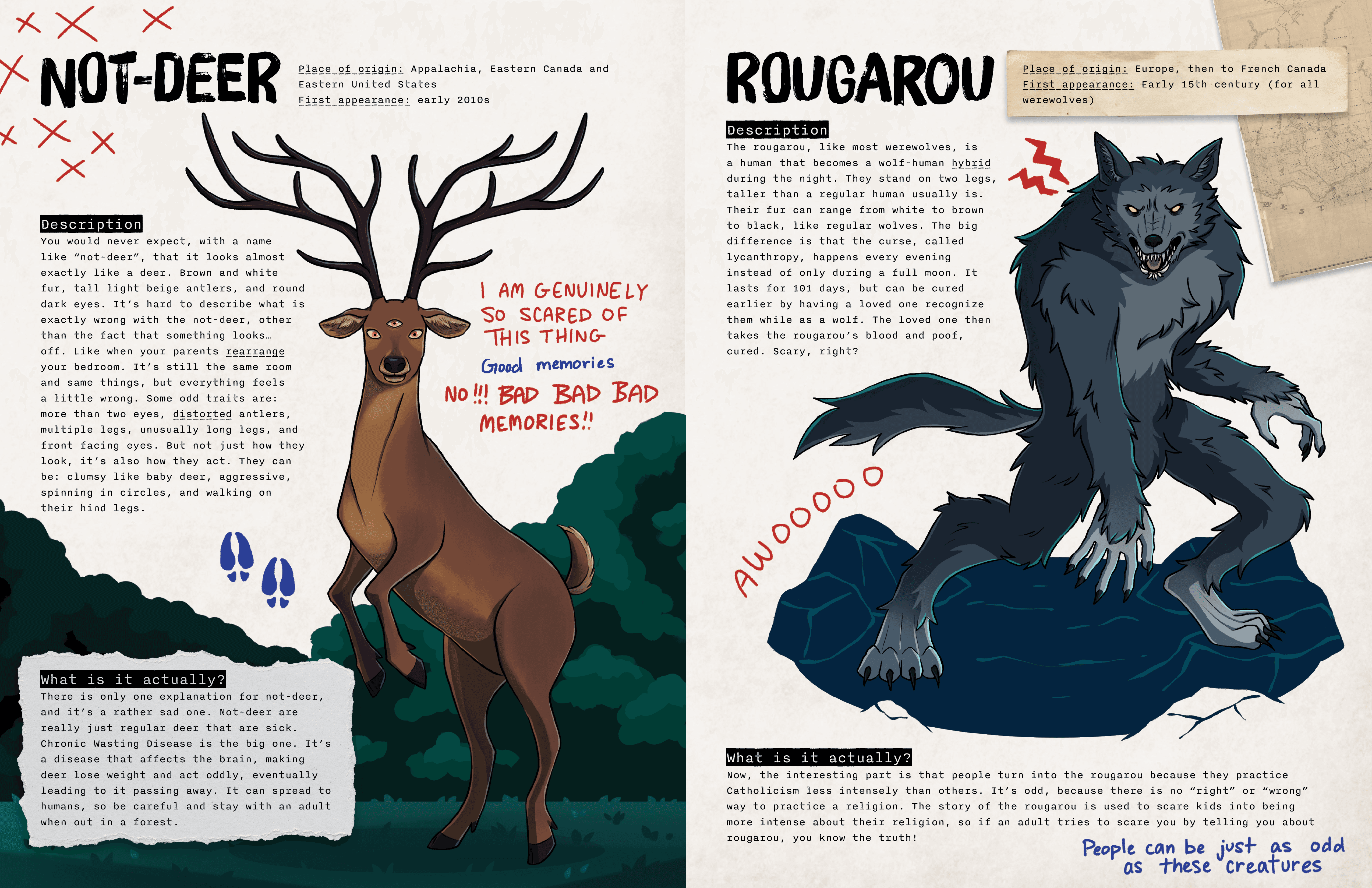 Two pages of the activity book. Left is an info page of the not-deer, right is an info page of the rougarou