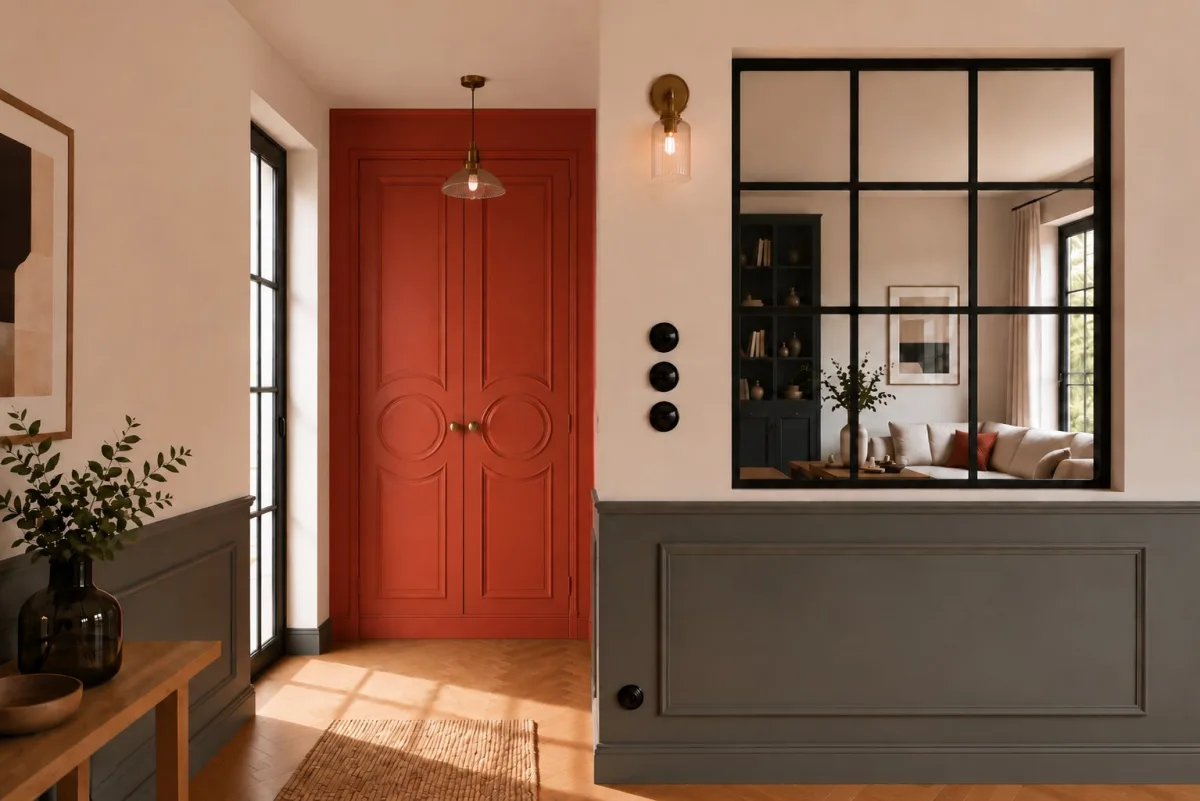 Entrée rénovée en Île-de-France avec porte double terracotta à moulures, verrière intérieure noire, lambris gris et parquet point de Hongrie