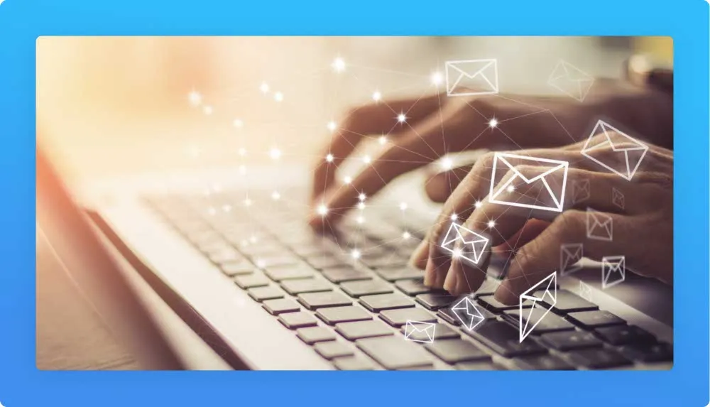 Hands on keyboard, net of bright dots and envelops