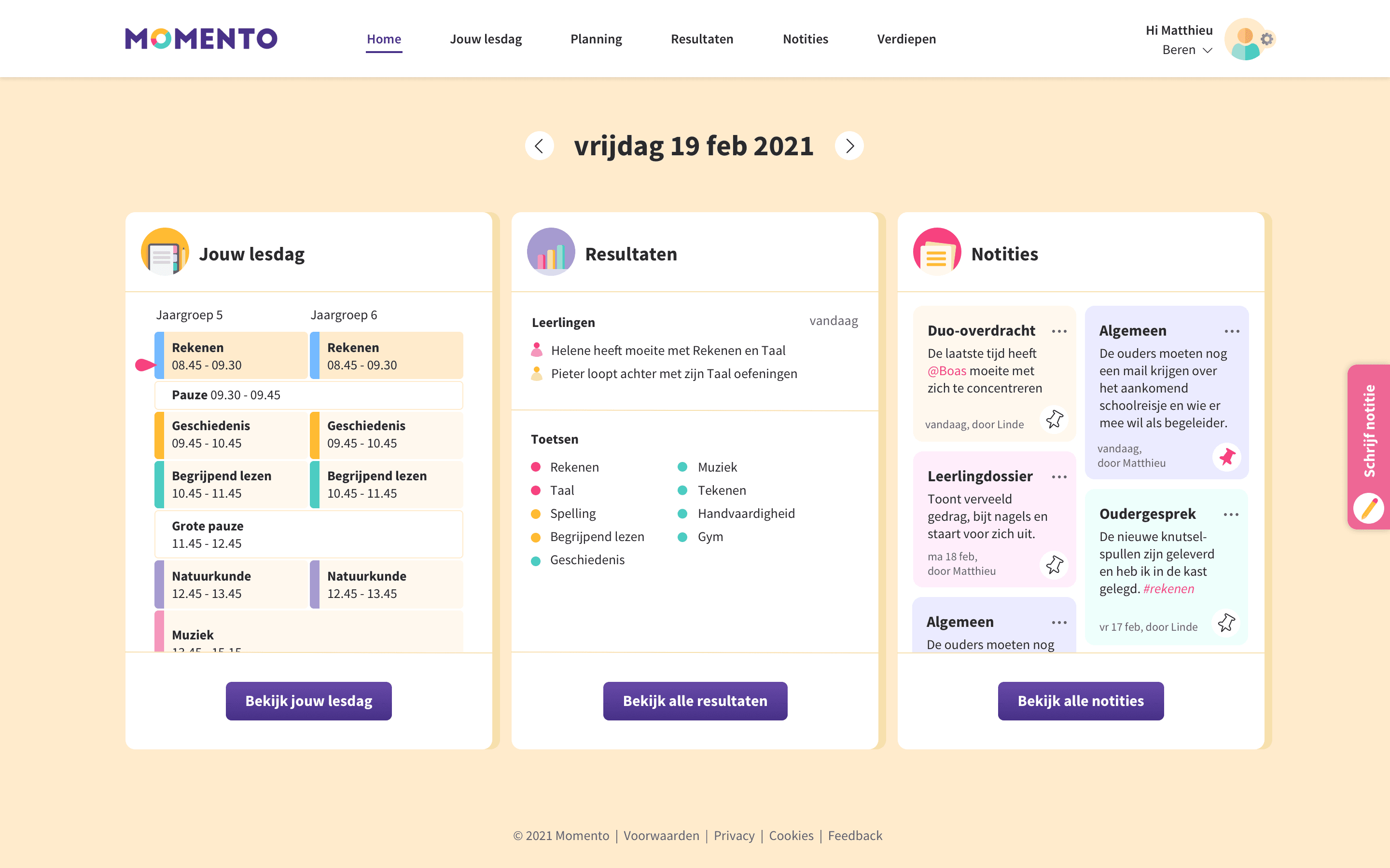 Een scherm uit de Numo omgeving voor leerkrachten waar inzicht wordt gegeven in de inzet en voortgang  van leerlingen.