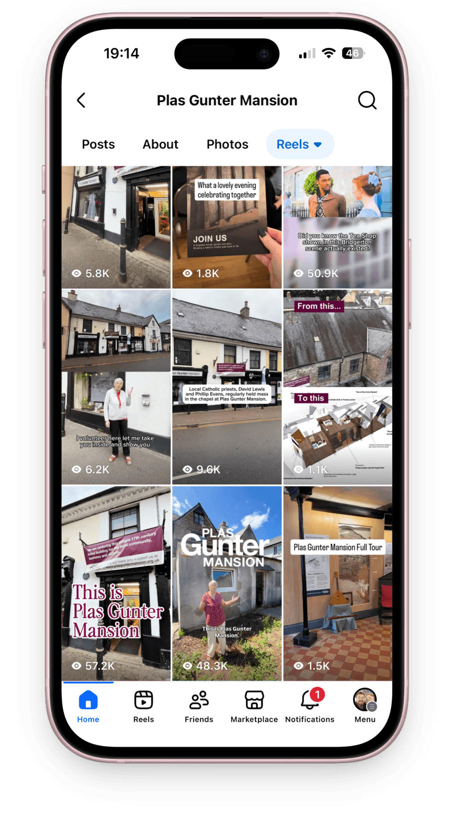 Phone with a screenshot of the Plas Gunter Mansion Facebook page.