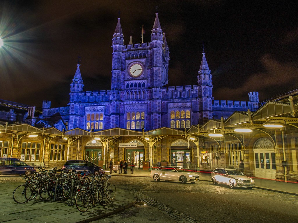 Bistrol Temple Meads station illuminated at night