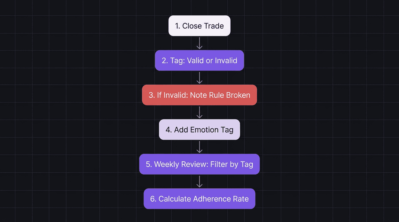 Flowchart showing trade review process using valid vs invalid classification tags