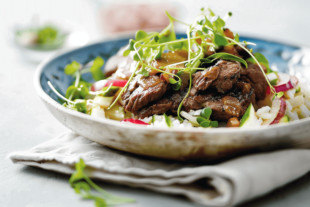A plate of tender meat served over rice, garnished with fresh herbs and colorful vegetables.