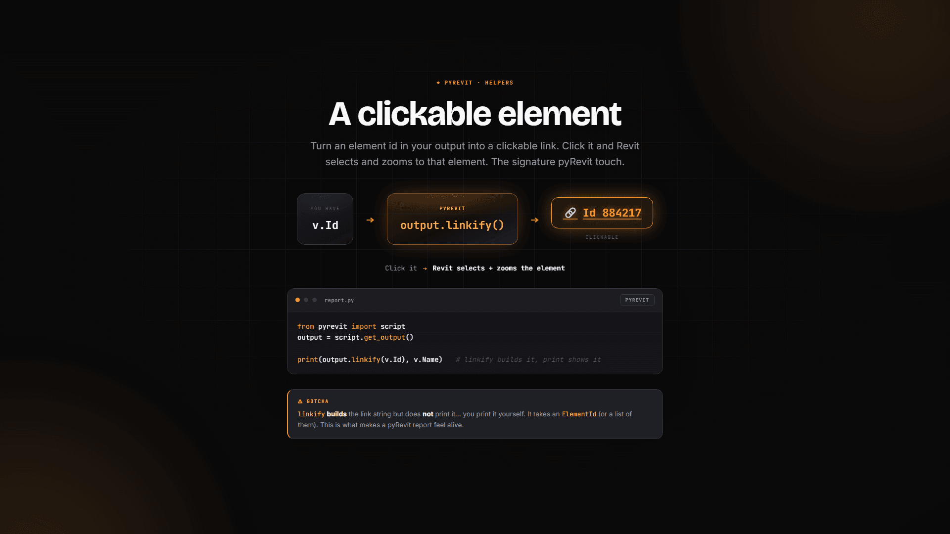 output.linkify: turn an element id into a clickable link that selects and zooms in Revit