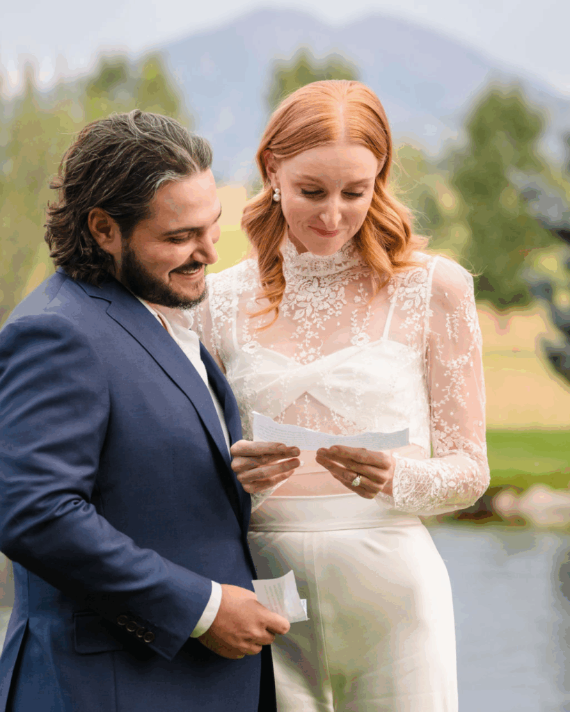 Newlyweds reading a handwritten note together