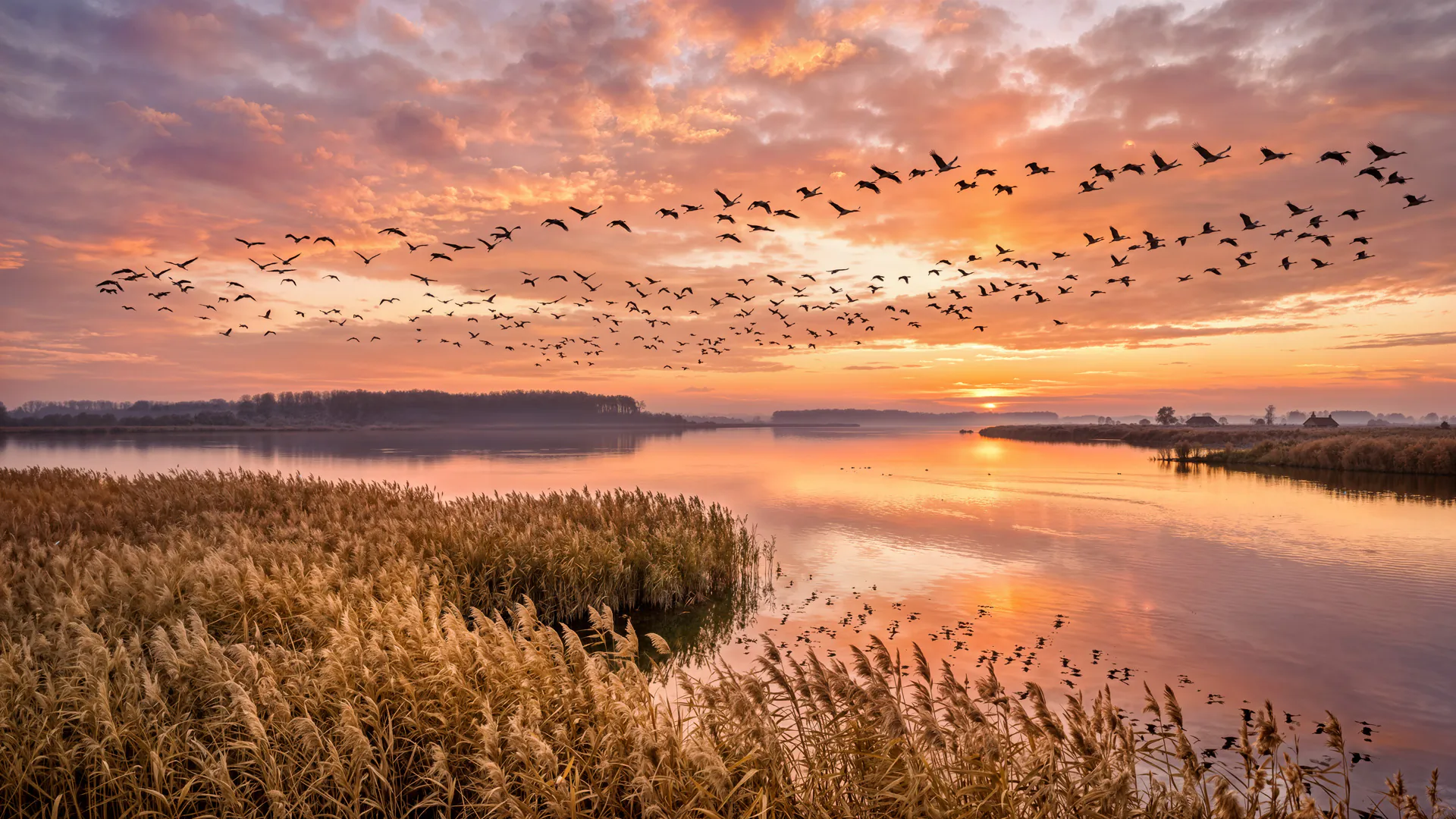 Madarak vonulnak naplementében a Tisza és a nádas felett