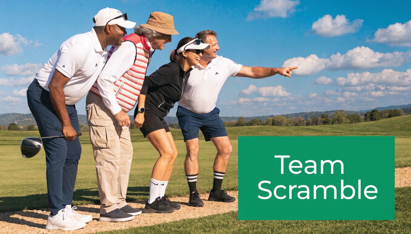 A group of four diverse friends smiling while looking and pointing across a sunny golf course landscape.