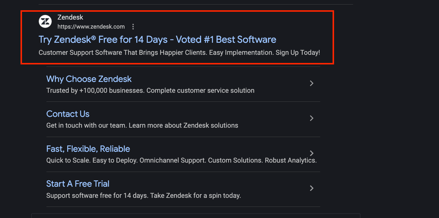 Screenshot of Zendesk’s sponsored ad headline
