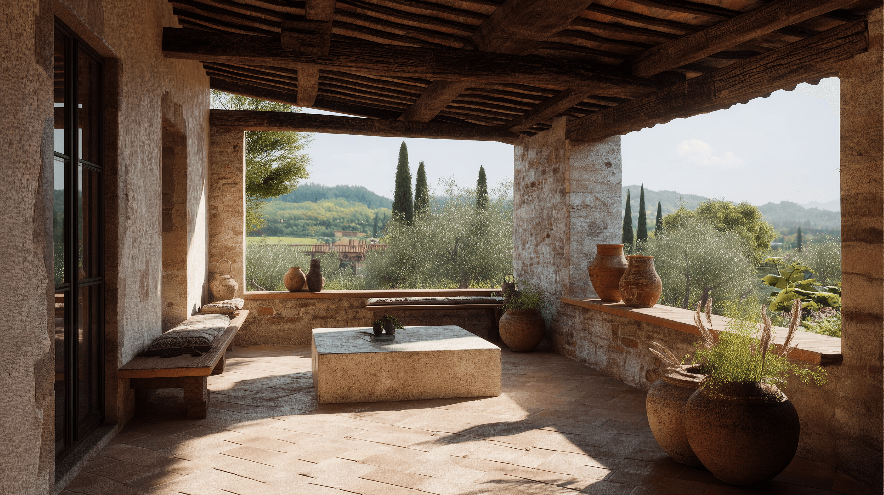 View of the French countryside through a stone villa’s open living room, with sofas and trees framing the scene