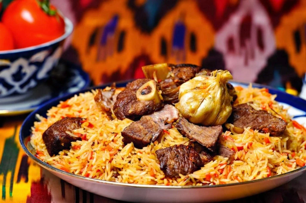 Kyrgyz plov with meat and garlic