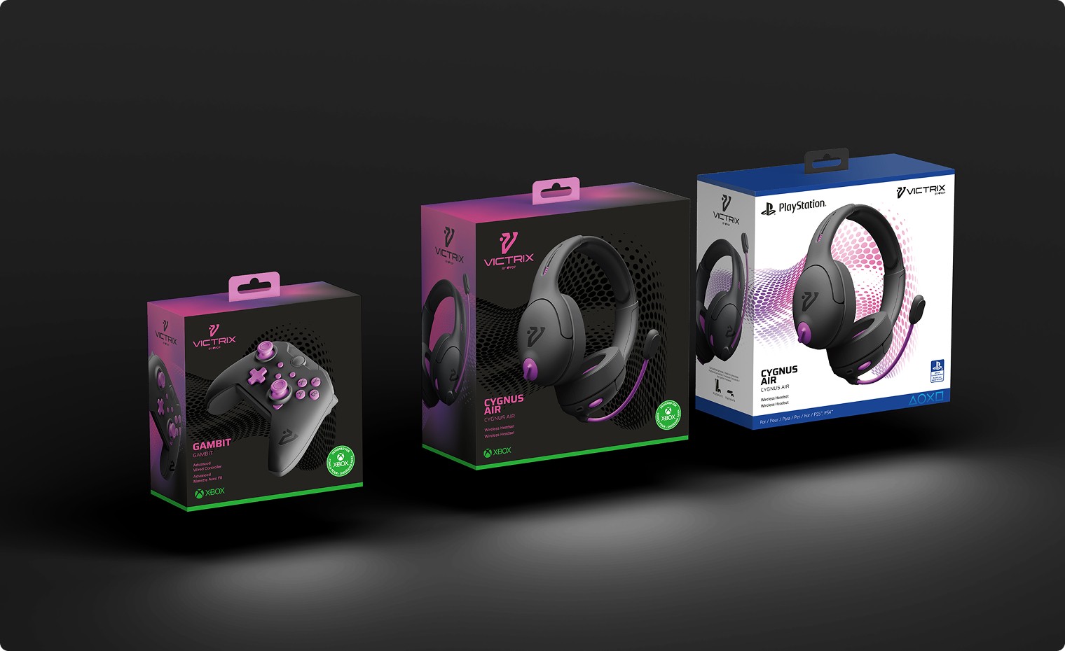Three packaging options for headsets and an xbox controller for Xbox and Playstation