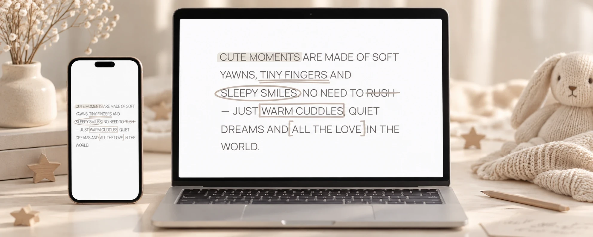 Hand-Drawn Marks auf Laptop und Phone: Ein kurzer Text mit Highlight, Unterstreichung, Kreis, Durchstreichung, Rahmen und Klammern.