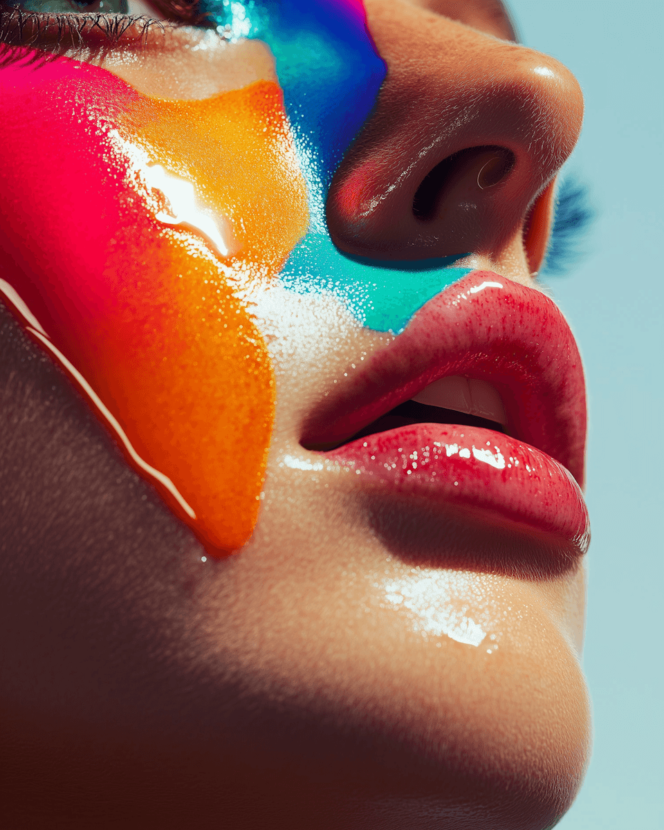Close-up of lips with vibrant paint splashes in orange, blue, and red against a bright background.