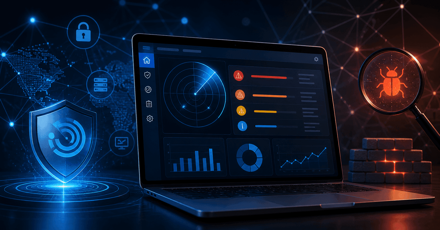 Cybersecurity dashboard with threat alerts, shield icon, and malware detection on laptop screen.