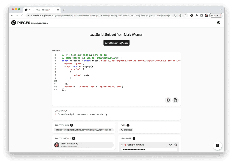 The updated shared snippet experience.