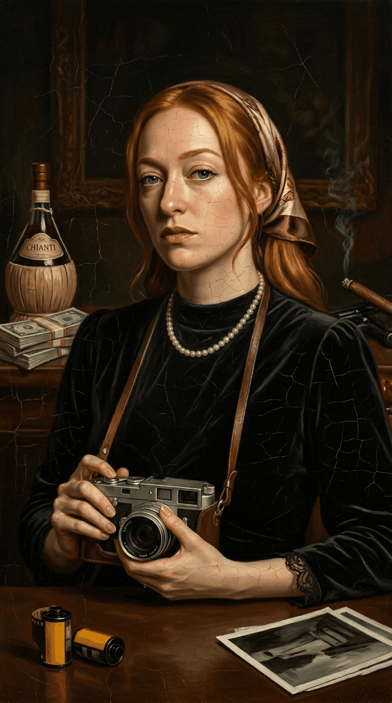 Batel — Painted portrait of Batel Talkar, Brand Ambassador, a red-haired woman in a dark period dress and pearl necklace in a richly detailed study