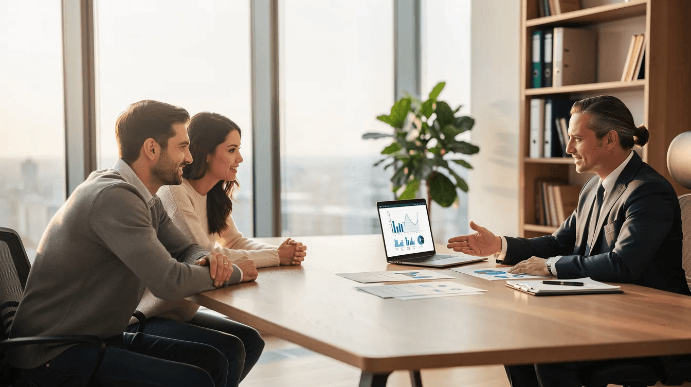 The image shows a couple engaged in a discussion with a financial advisor in a professional office setting, focusing on strategies such as Roth IRA conversions and tax diversification to build tax-free wealth for their future retirement income. They appear attentive as they explore investment strategies and the tax benefits of converting traditional IRAs into Roth accounts.