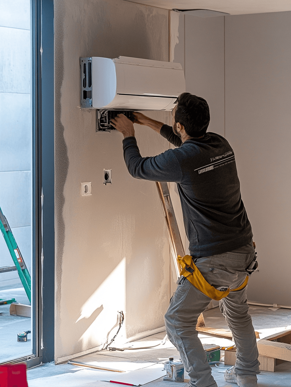 Technicien installant un climatiseur mural pour une régulation thermique optimale.