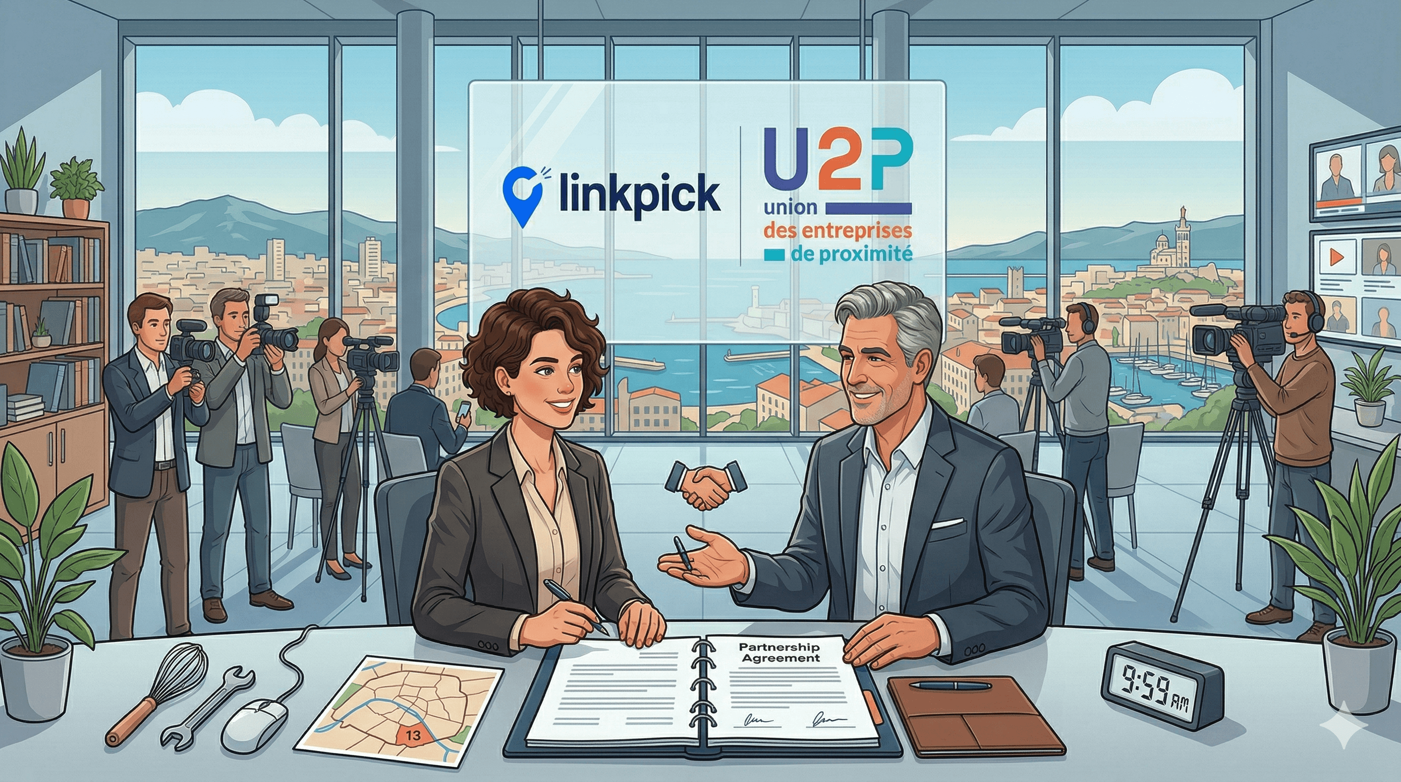 Illustration de style bande dessinée représentant la signature d'un accord de partenariat entre Linkpick et l'U2P. On y voit deux professionnels assis à un bureau avec un document "Partnership Agreement", devant une grande baie vitrée offrant une vue panoramique sur Marseille et le littoral. Les logos Linkpick et U2P sont affichés en arrière-plan.