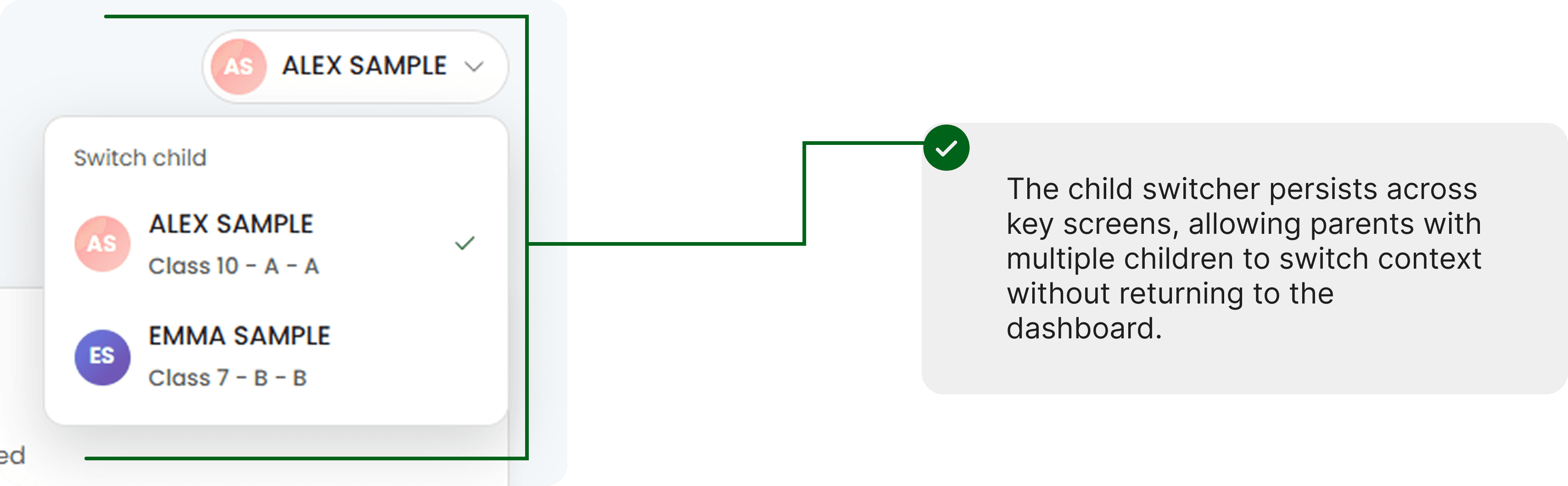 Child switcher menu listing two students, with annotation