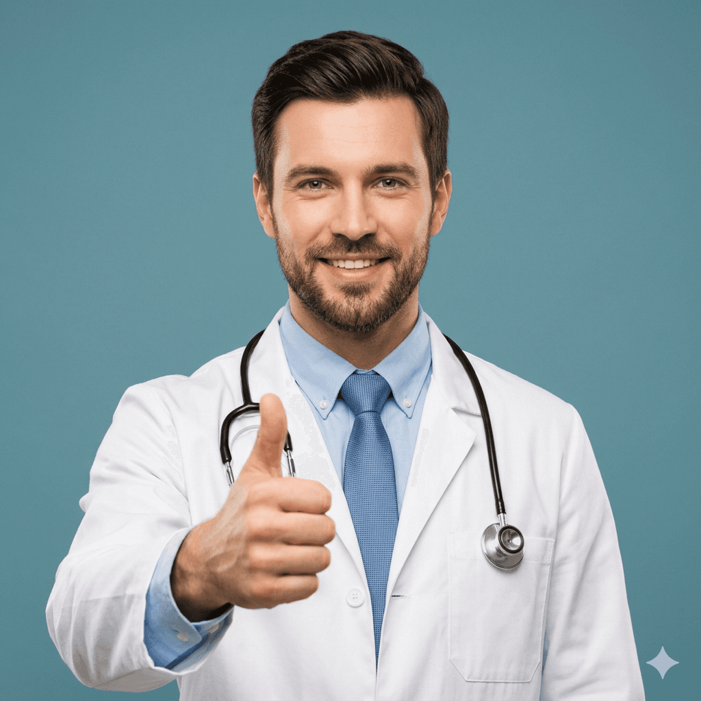 Smiling male doctor in a white coat with a stethoscope gives a thumbs-up against a blue background, conveying positivity and confidence.