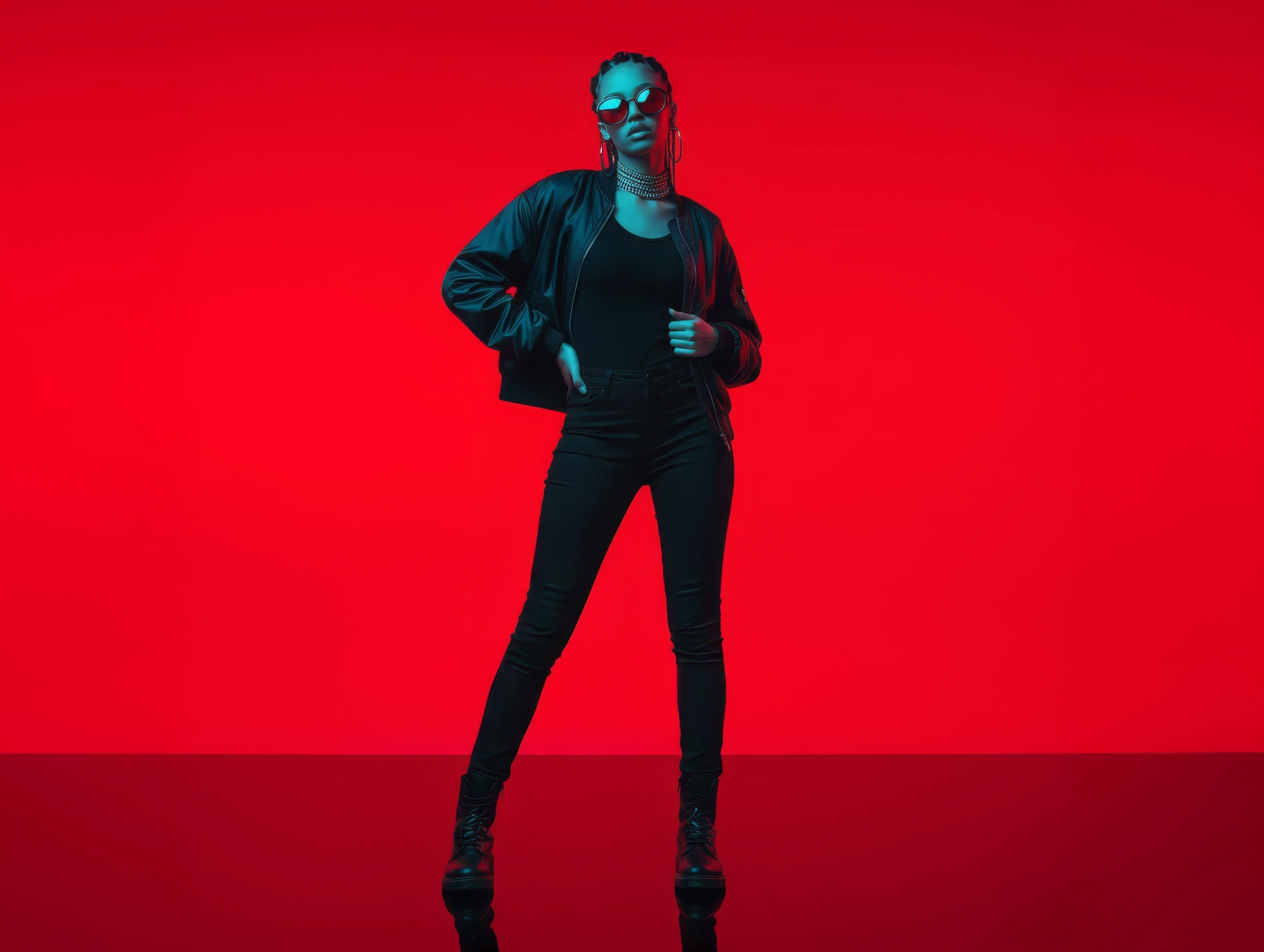 Full-body portrait of a woman standing against a red background