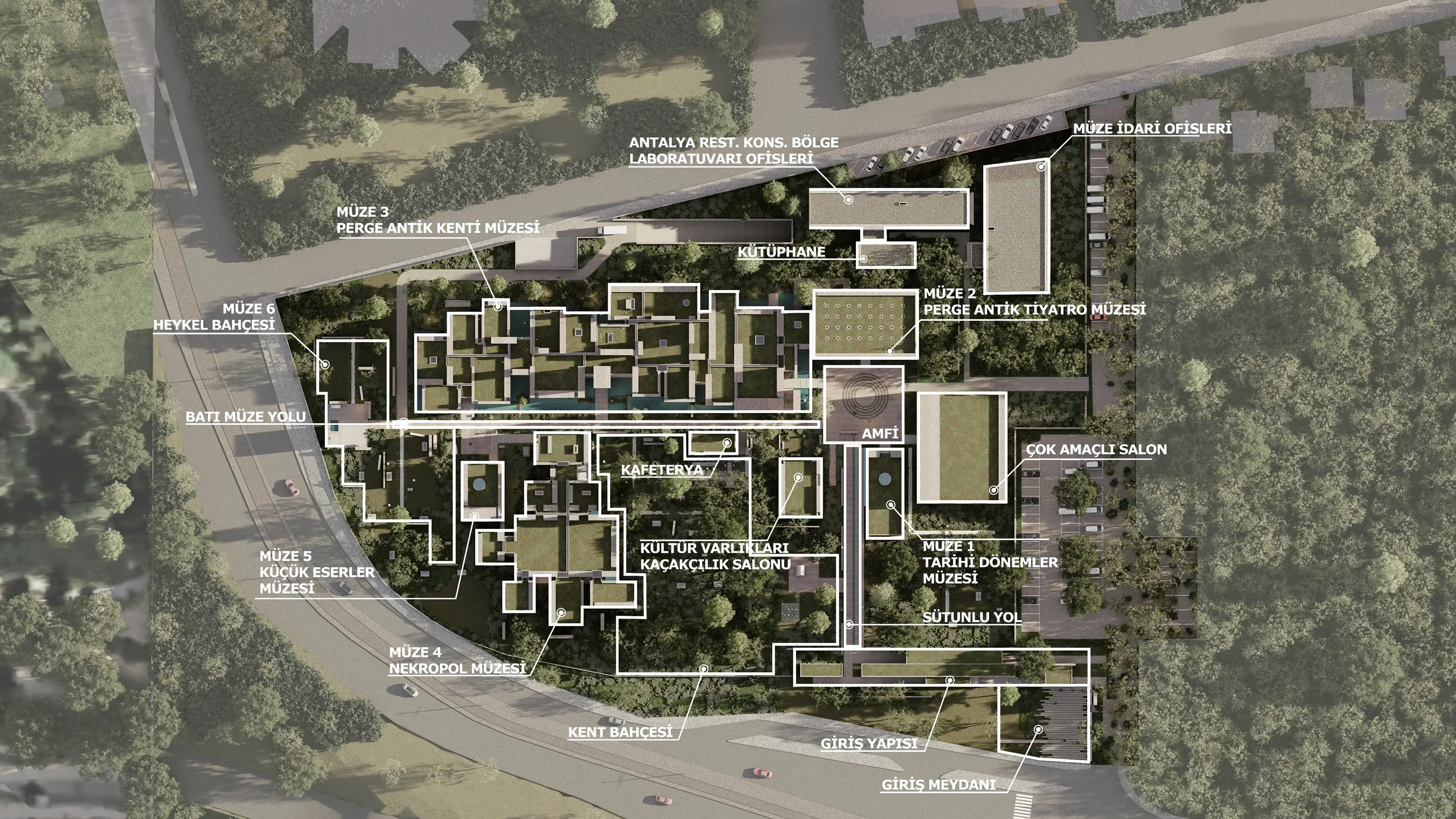 Labelled site plan showing the Historical Periods, Perge Ancient Theatre, Perge Ancient City, Necropolis and Small Finds museums and the Sculpture Garden