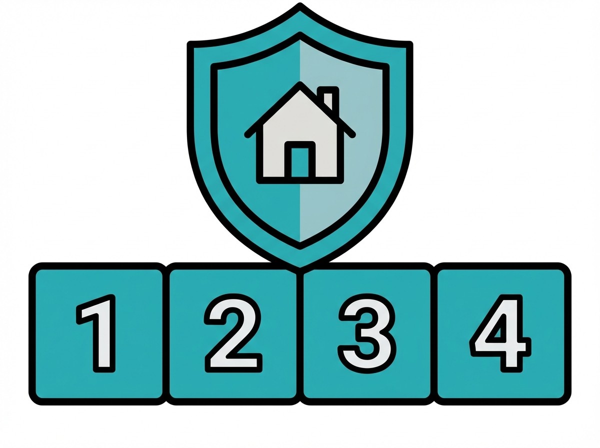 Türkises Schutzschild mit Haus-Symbol über vier Blöcken mit den Zahlen 1, 2, 3 und 4.