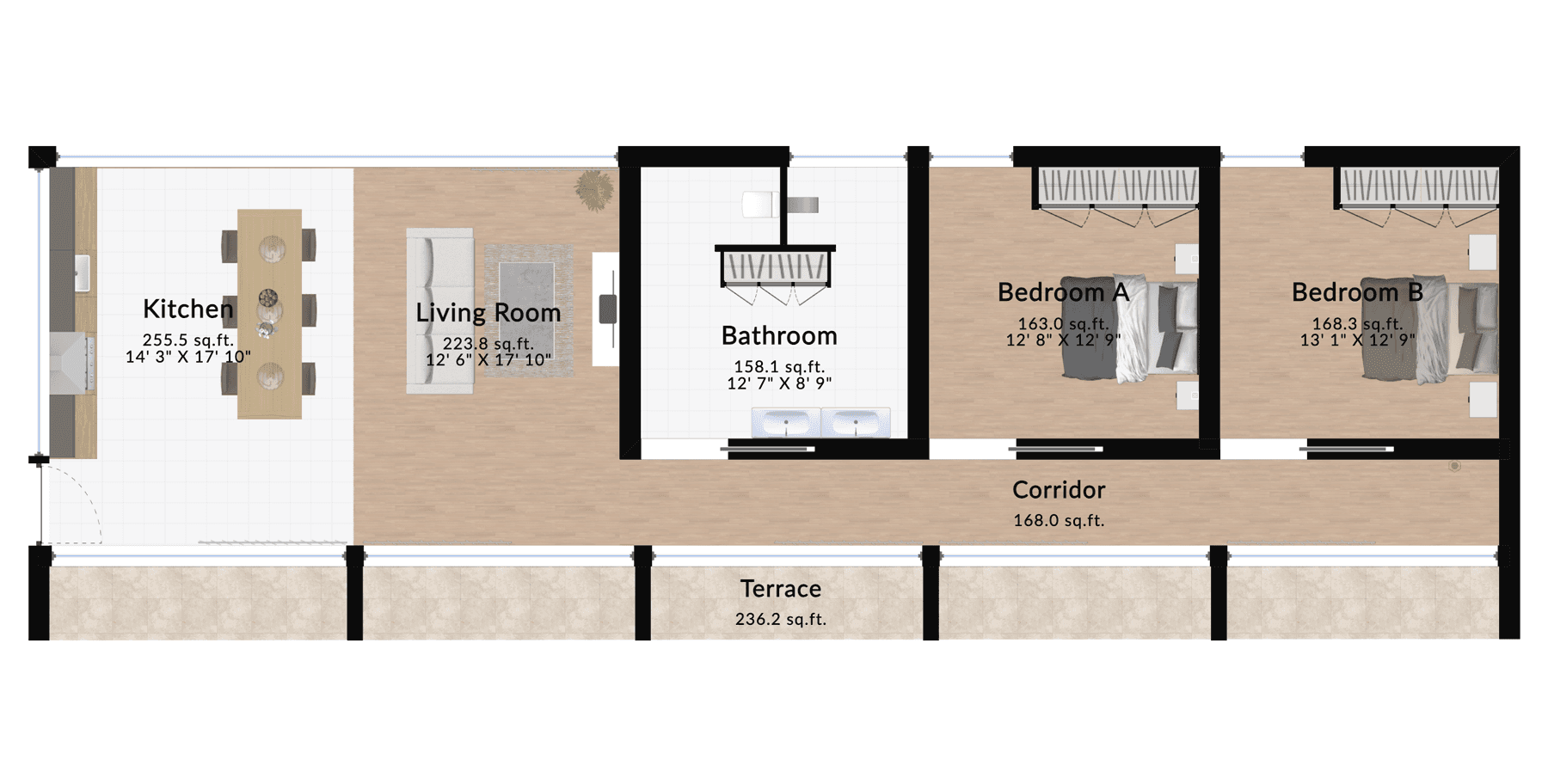 Furnished floor plan of a spacious two-bedroom apartment showcasing furniture placement for bedrooms, living areas, kitchen, and the terrace.