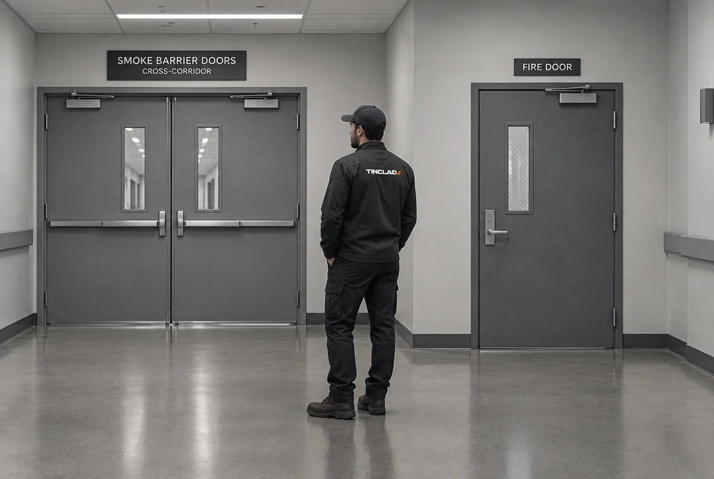 A smoke barrier door pair next to a single fire door.