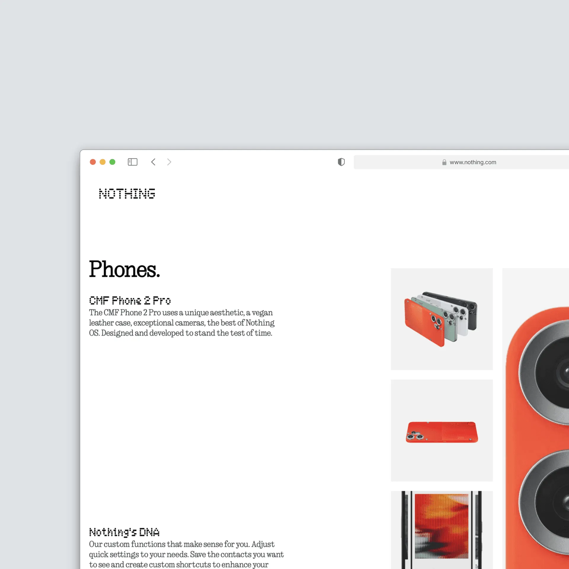 Une page website affiche "Phones" avec quatre images CMF Phone 2 et texte sur esthétique et innovation tech