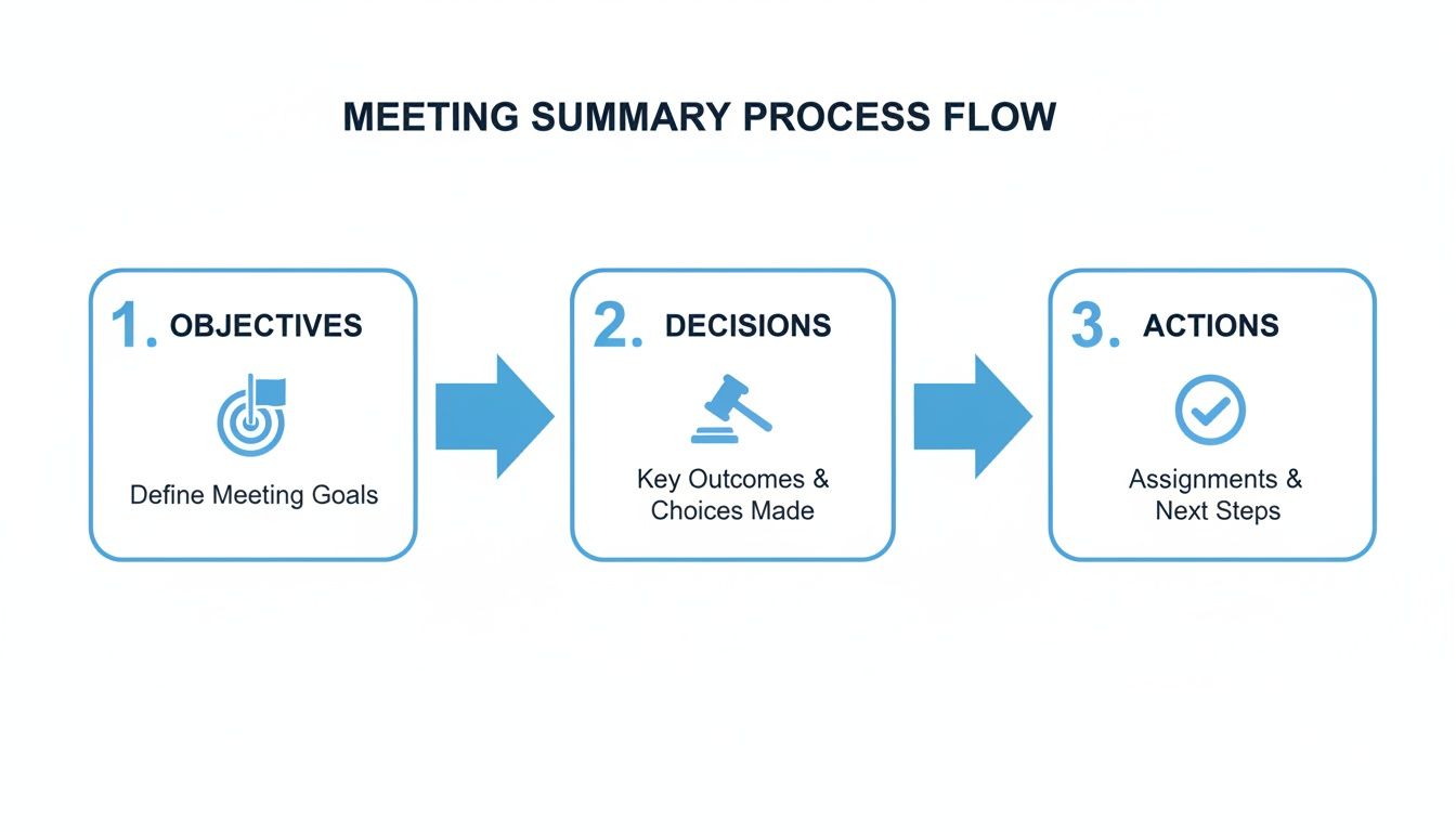 A meeting summary process flow diagram with three steps: Objectives, Decisions, and Actions.