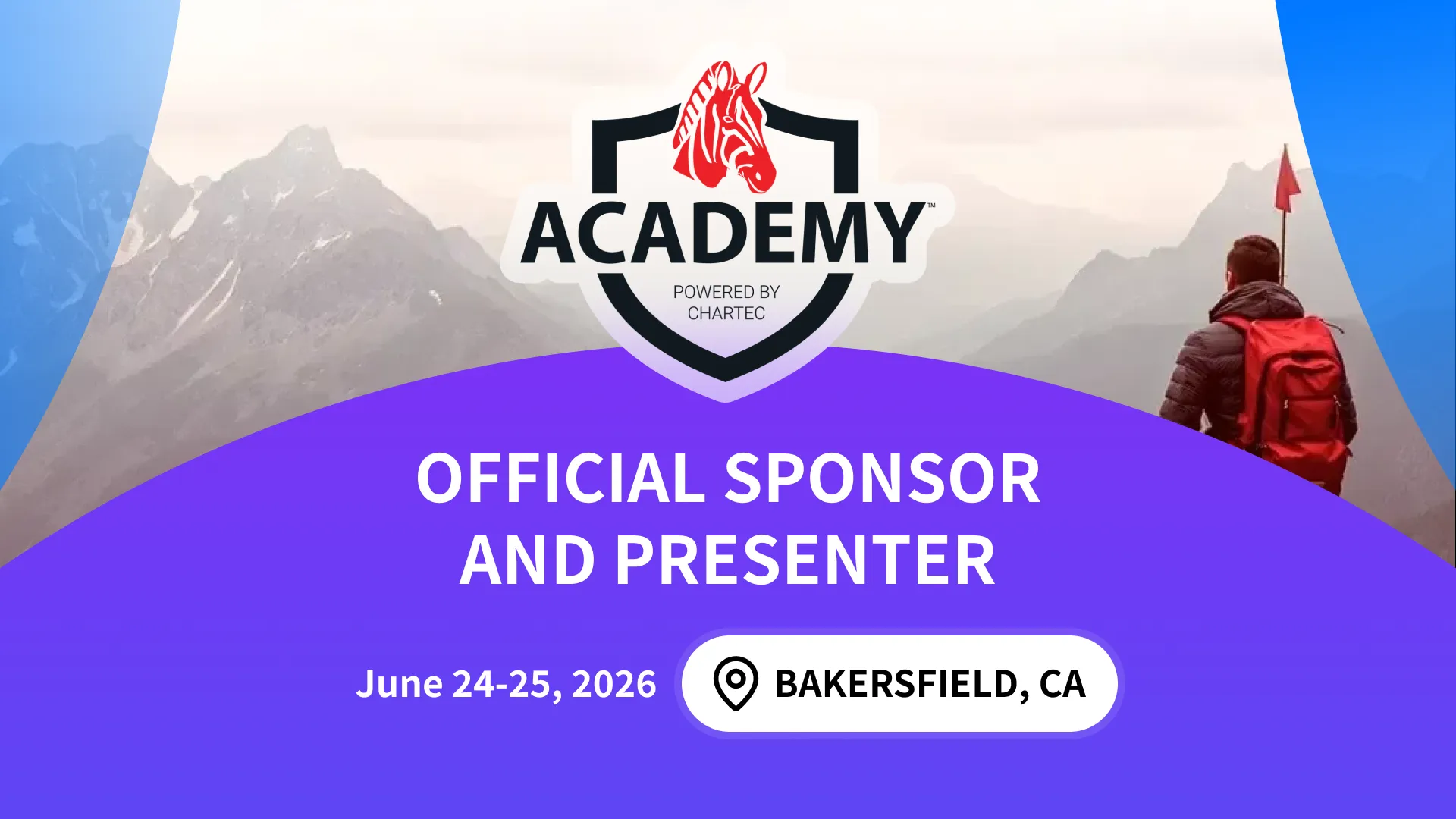 Promotional graphic announcing HENNGE Inc. as an official sponsor and presenter at CharTec Academy 2026 in Bakersfield, CA. The image features the Academy logo powered by CharTec with a red zebra icon, mountain scenery with a hiker, and the event dates June 24-25, 2026.