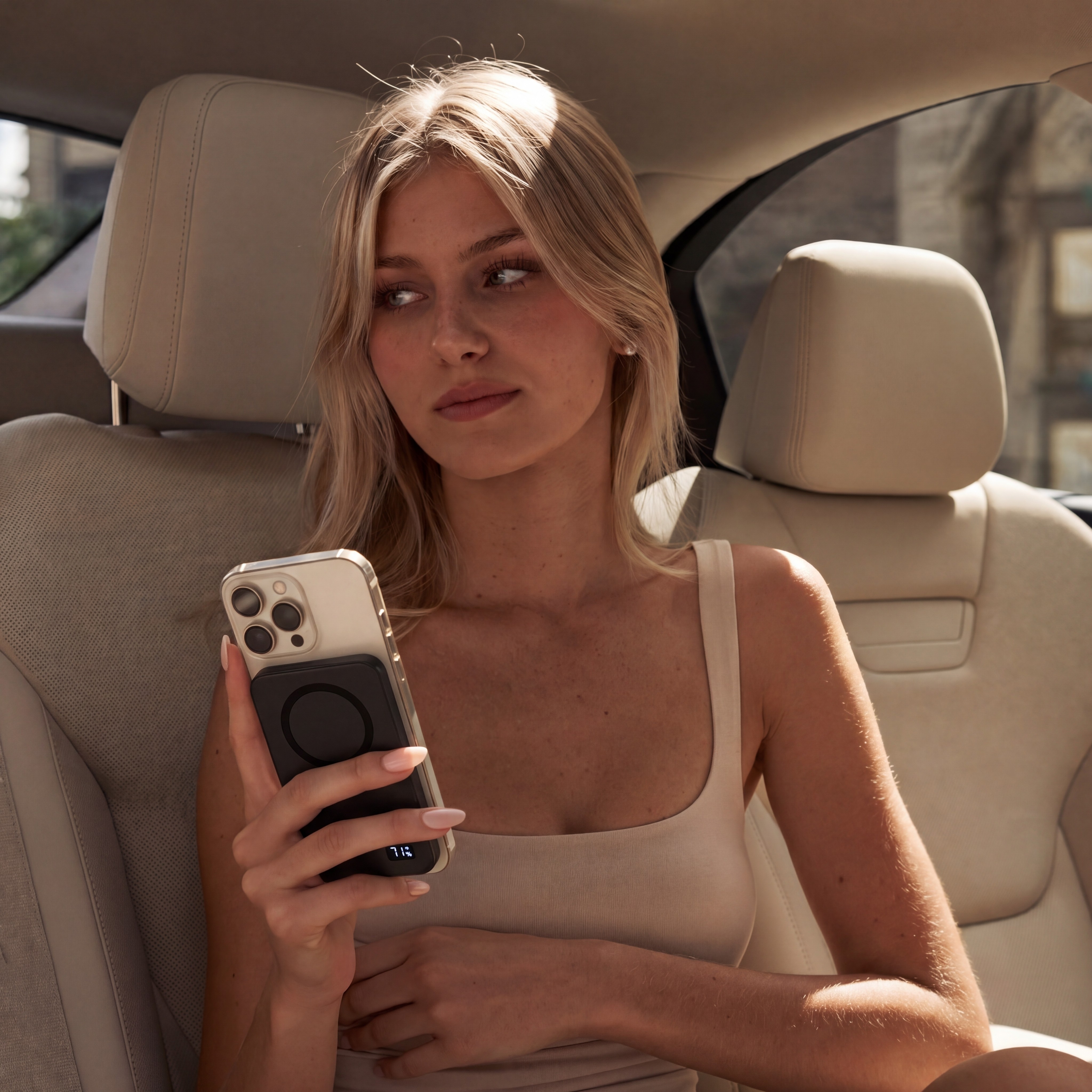 AI Influencer Selfie im Auto mit weissem Top und Smartphone – konsistenter Charakter über mehrere Settings