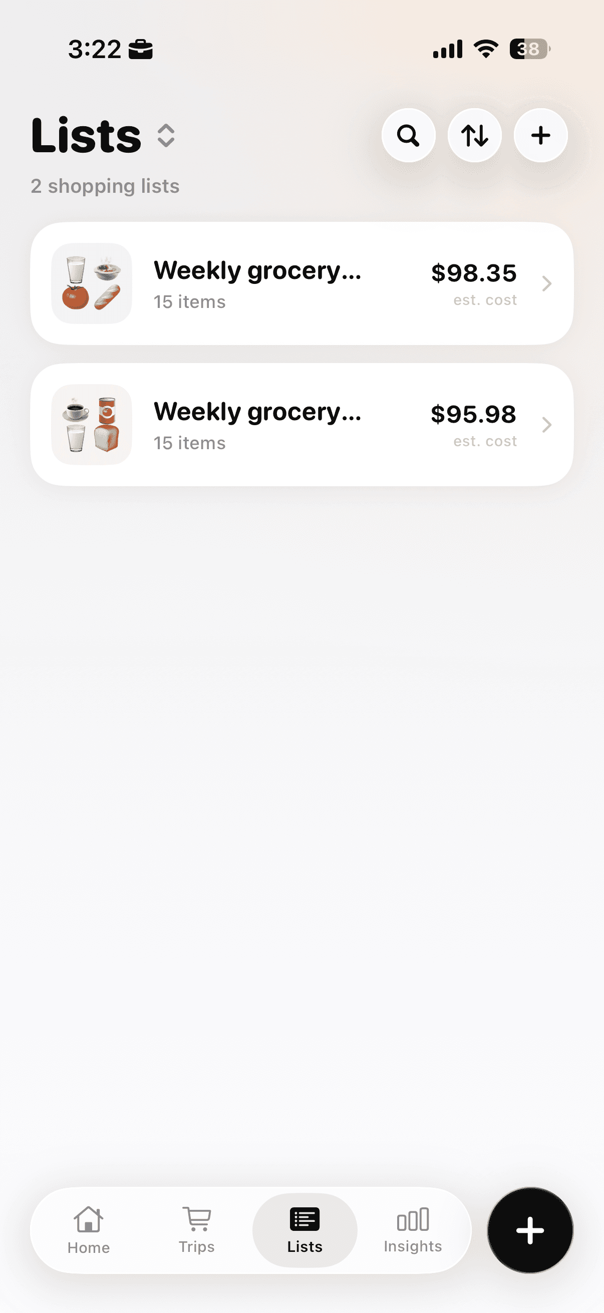 Cart AI Lists tab showing saved grocery lists, item counts, estimated costs, and the add button.