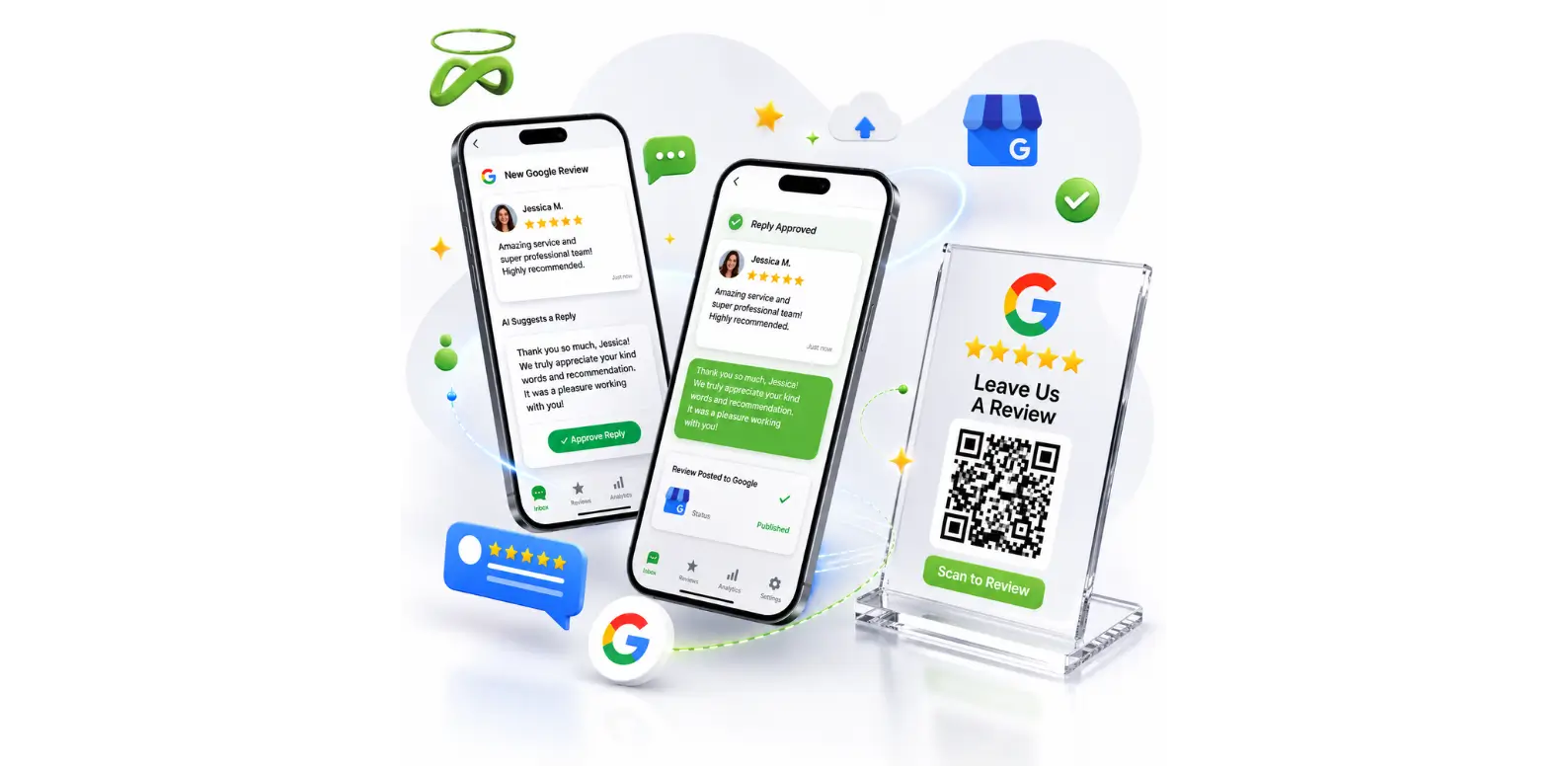 AI-powered Google review management app on smartphones with QR code review stand.